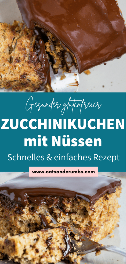 Eine Gabel hat ein Stück saftigen gesunden Zucchinikuchen mit weicher Schokoladenglasur abgestochen. Aufnahme im 45-Grad-Winkel und von oben.