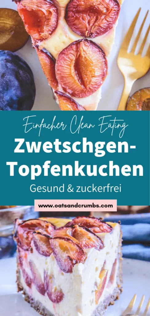 Ein Stück gesunder Zwetschgenkuchen mit Topfen und Nüssen im 45-Grad-Winkel auf einem grau-blauen, hellen Teller mit einer goldenen Gabel daneben.