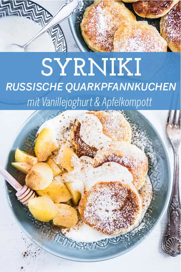 Syrniki – Russische Topfenpfannkuchen (Quarkpfannkuchen) mit Vanillejoghurt und Apfelkompott