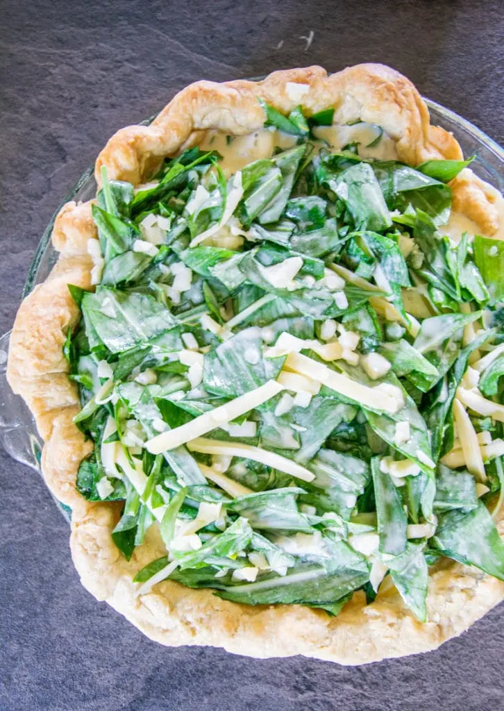 Bärlauch-Quiche mit Dinkel-Sesam-Mürbteig vor dem Backen