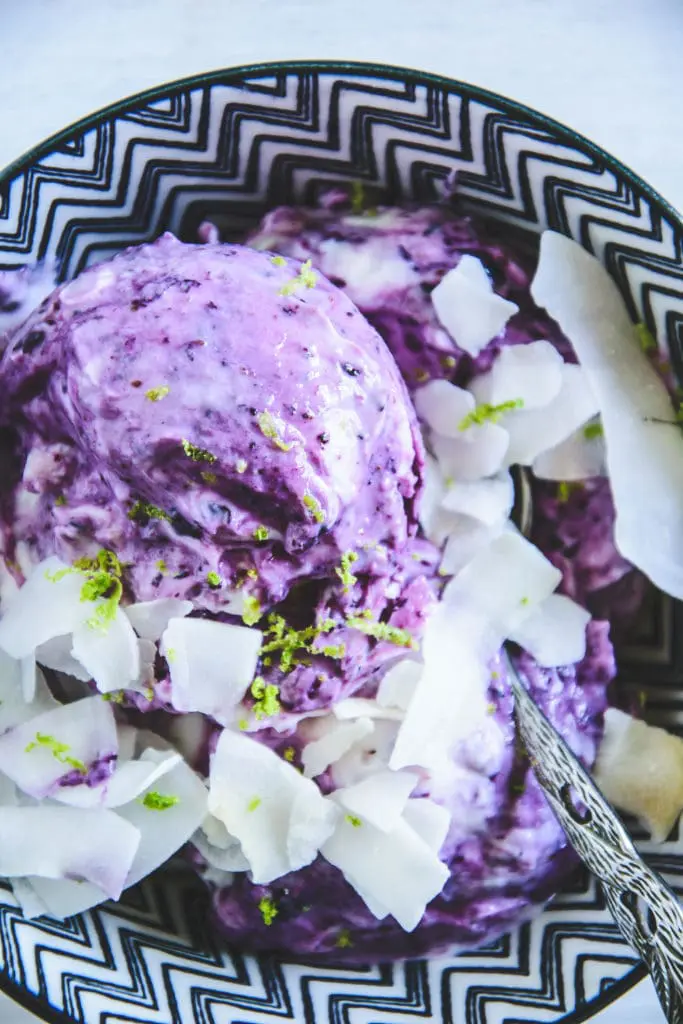 Frozen Blueberry Skyr garniert mit Kokoschips und abgeriebener Limettenschale in einer dunkelblau-weiß gemusterten Schüssel. Löffel mit kunstvollem Stiel. Top View.