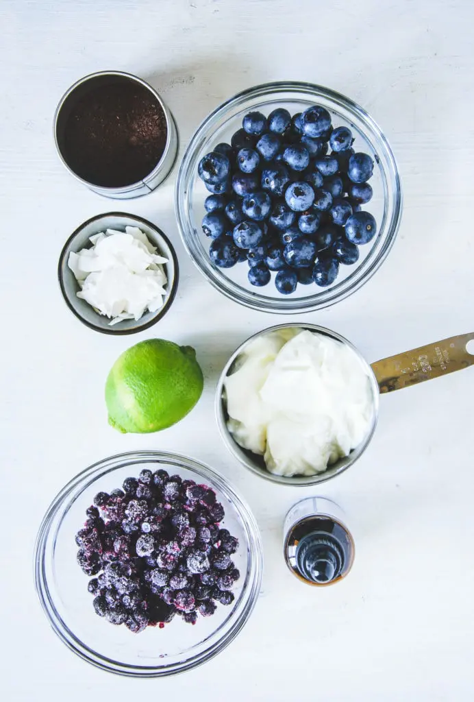 Zutaten für Frozen Blueberry Skyr in diversen kleinen Gefäßen auf weißem Untergrund. Top View.