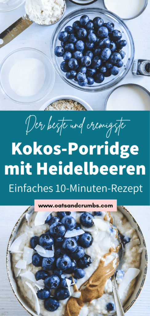 Heidelbeer-Kokos-Porridge in einer Schüssel getoppt mit Heidelbeeren, Mandelmus und Kokoschips. Top View. Löffel im Porridge.