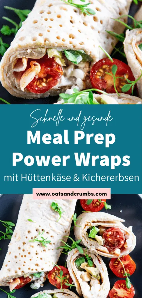 Power Wraps mit Avocado, Hüttenkäse und Kichererbsen, garniert mit Kresse. Aufgeschnitten auf einem schwarzen Teller.