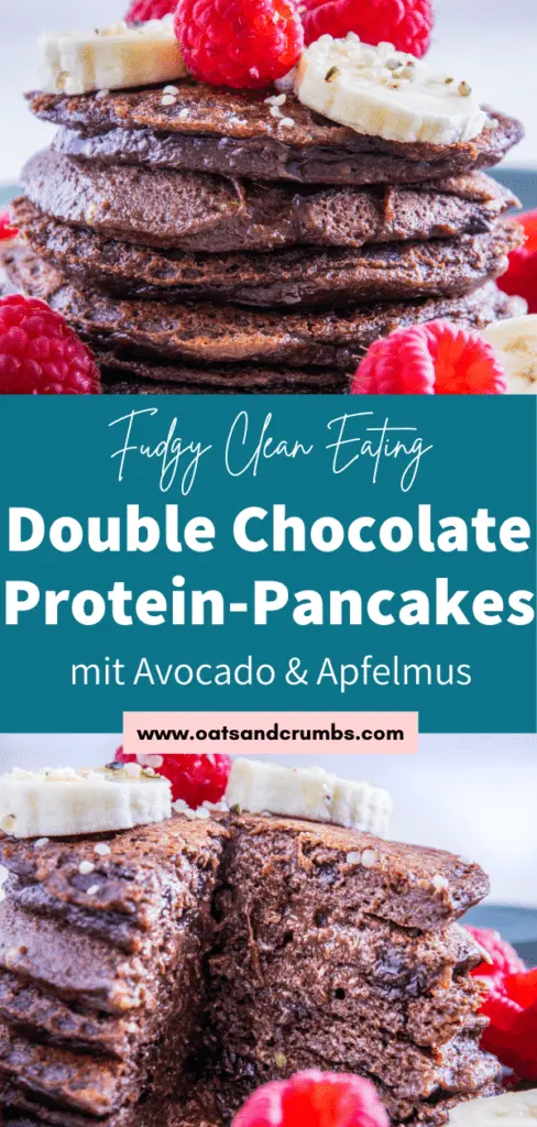 Fudgy Double Chocolate Protein-Pancakes in einer Grafik mit Beschriftung