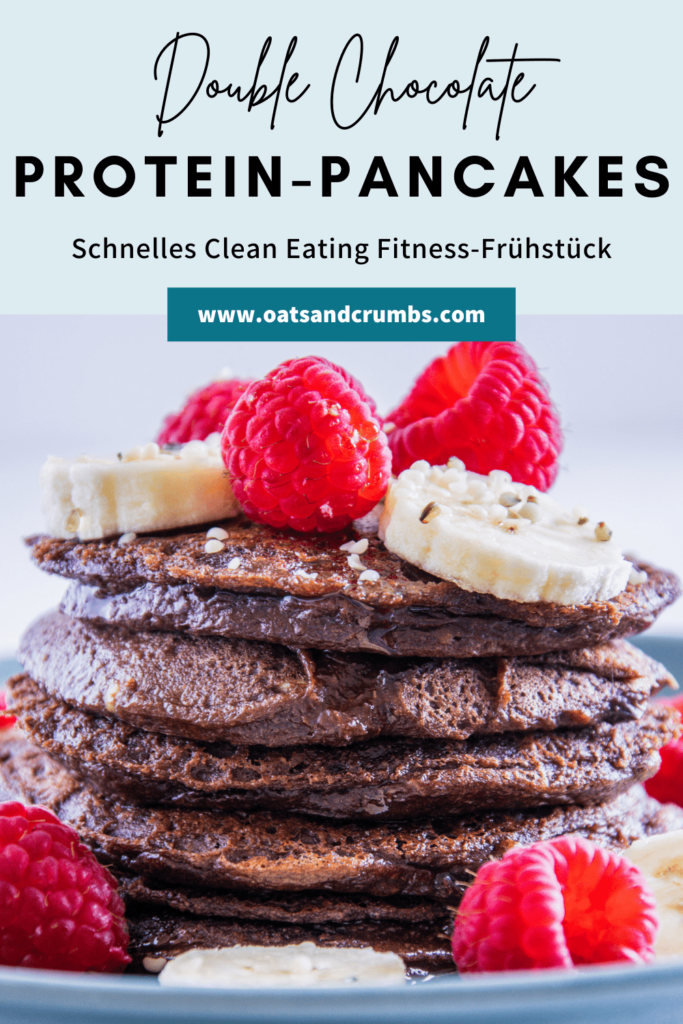 Fudgy Double Chocolate Protein-Pancakes in einer Grafik mit Beschriftung