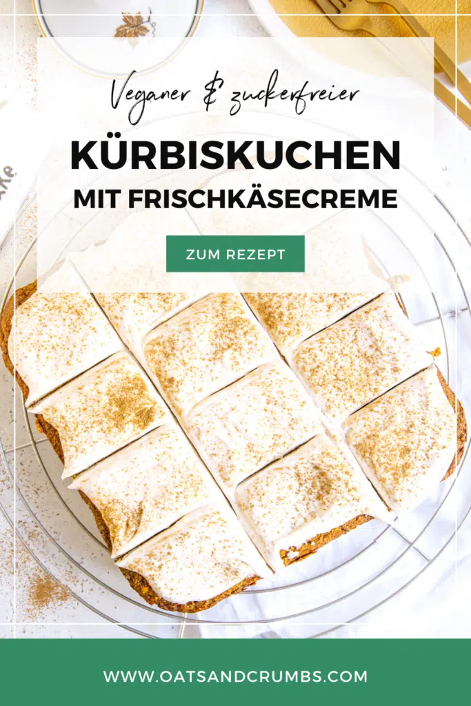 Pinterest-Grafik zum Rezept für veganen und zuckerfreien Kürbiskuchen mit Frischkäsecreme