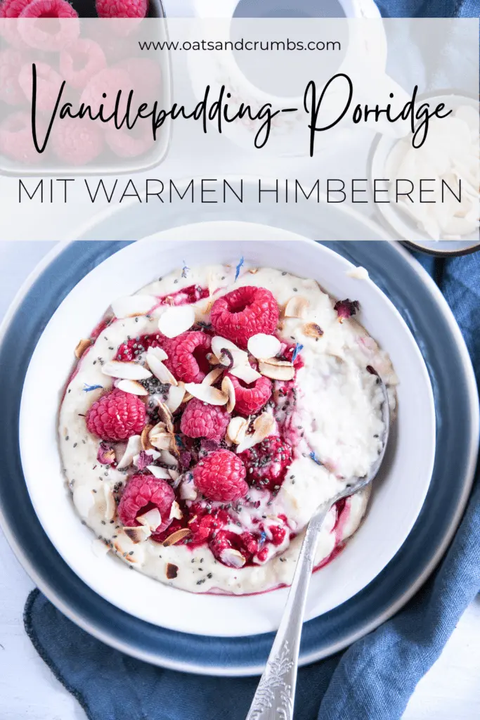 Pinterest-Grafik für Vanillepudding-Porridge mit warmen Himbeeren