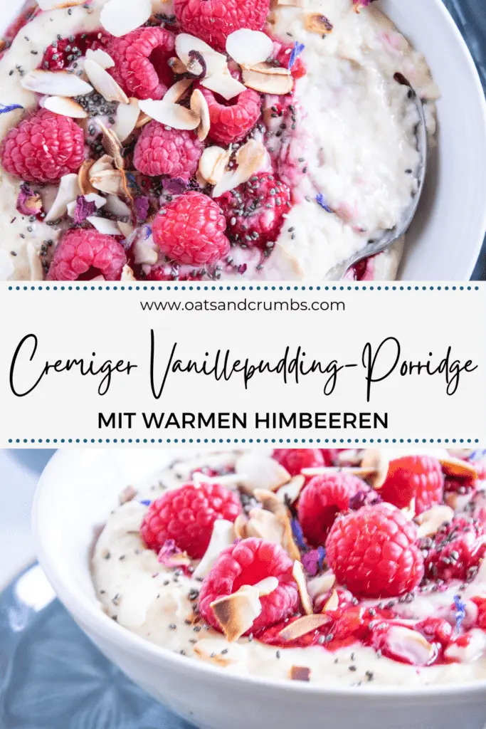 Pinterest-Grafik für Vanillepudding-Porridge mit warmen Himbeeren