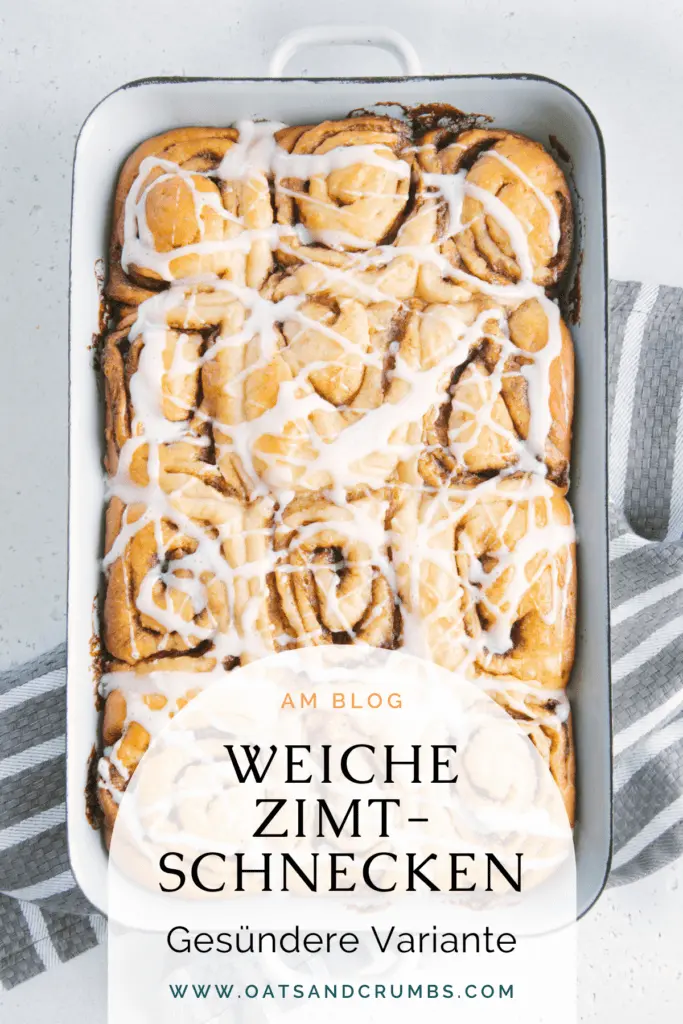 Pinterest-Grafik für weiche gesündere Zimtschnecken mit Frischkäseglasur