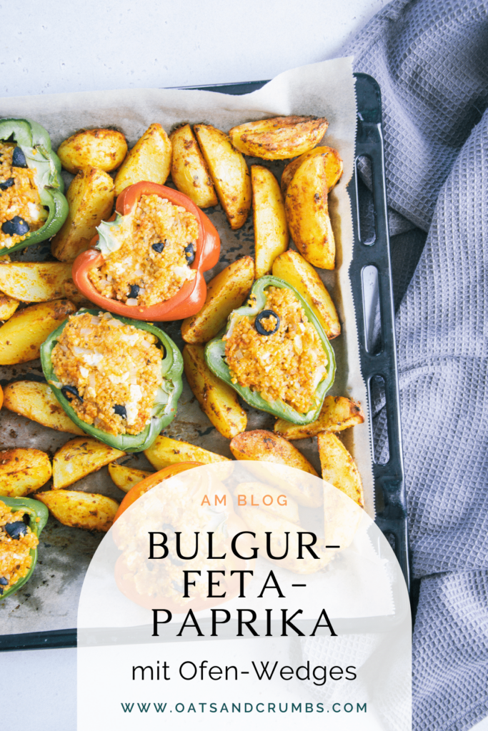 Pinterest-Grafik für Gefüllte Bulgur-Feta-Paprika mit Ofen-Wedges