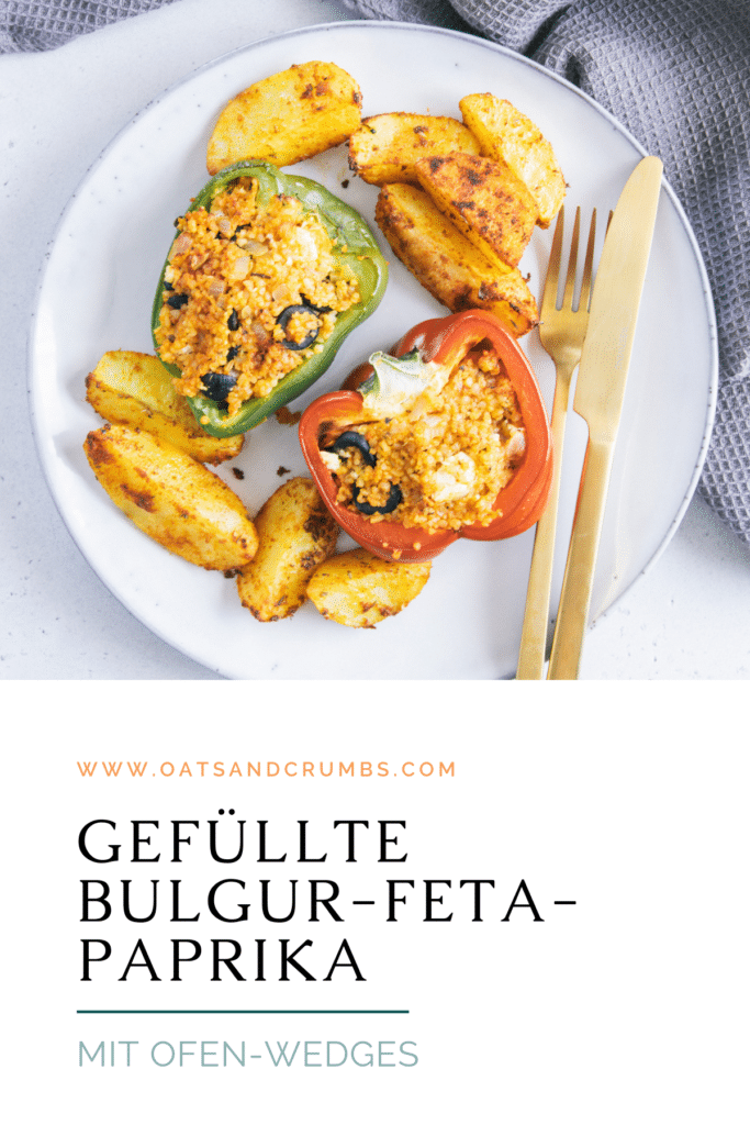 Pinterest-Grafik für Gefüllte Bulgur-Feta-Paprika mit Ofen-Wedges