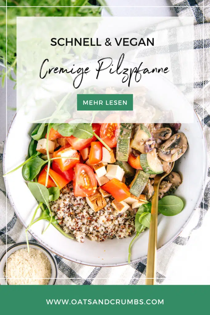 Pinterest-Grafik für cremige vegane Pilzpfanne mit Zucchini, Räuchertofu, Tomaten und Quinoa