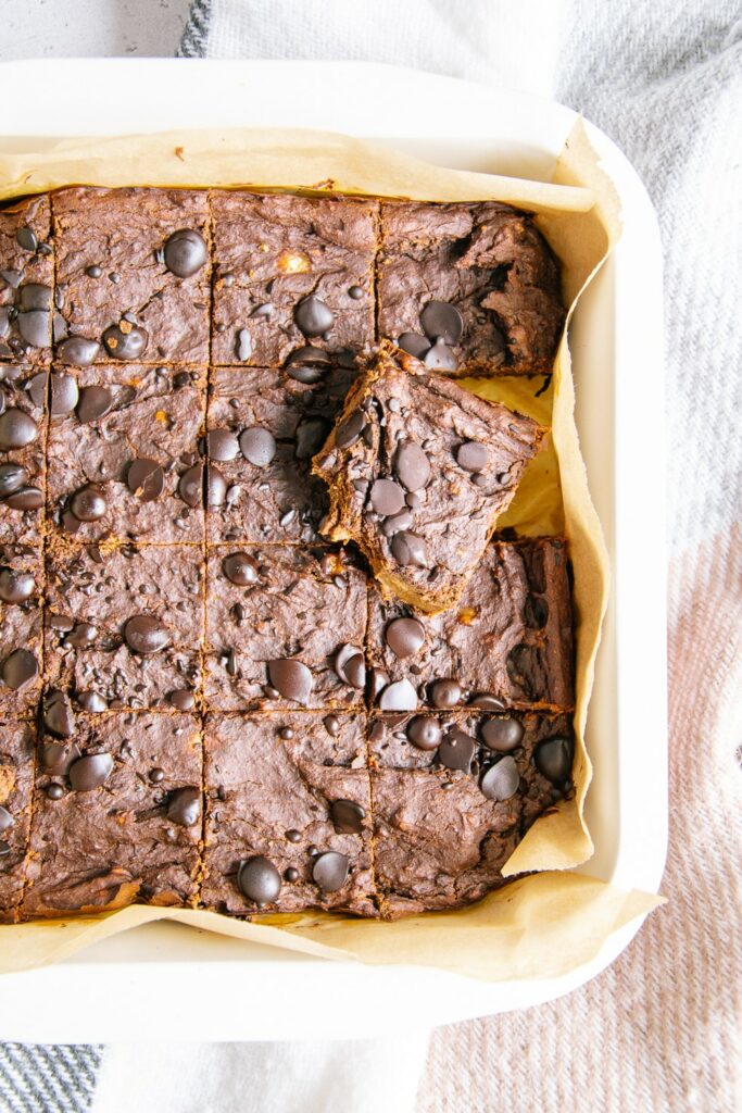 Nahaufnahme von veganen und zuckerfreien Protein-Brownies in der Backform in der Vogelperspektive. Bild auf der linken Seite angeschnitten.