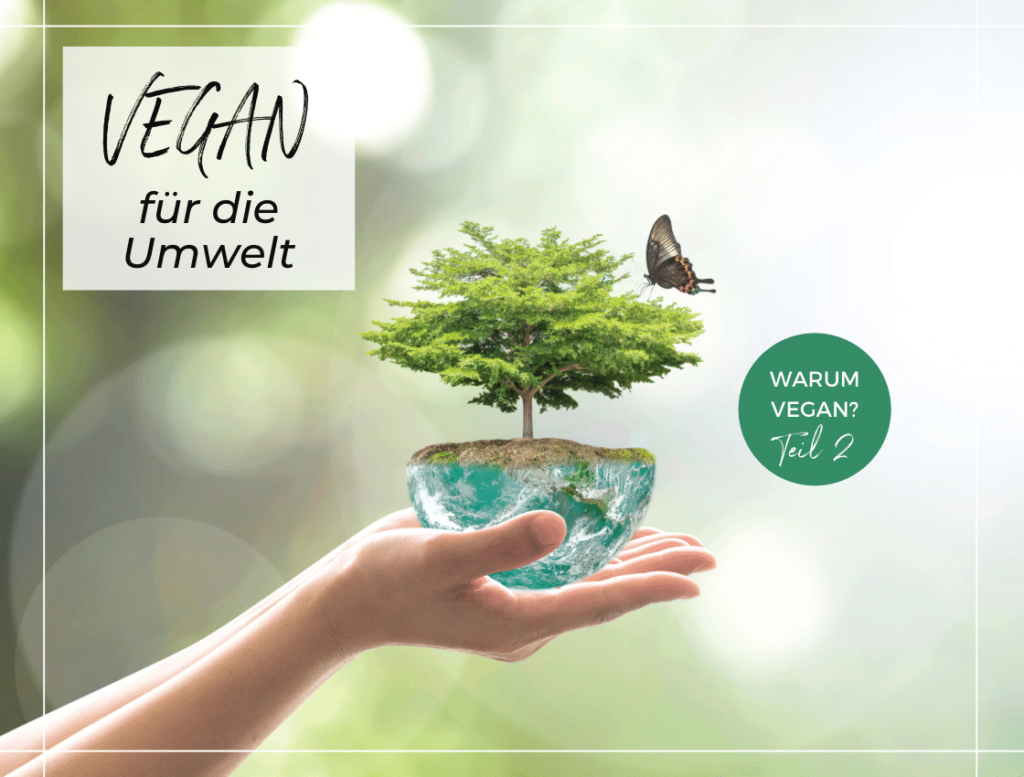 Planet Erde mit einem Baum und einem Schmetterling von zwei Händen hochgehalten. Aufschrift: "Vegan für die Umwelt"