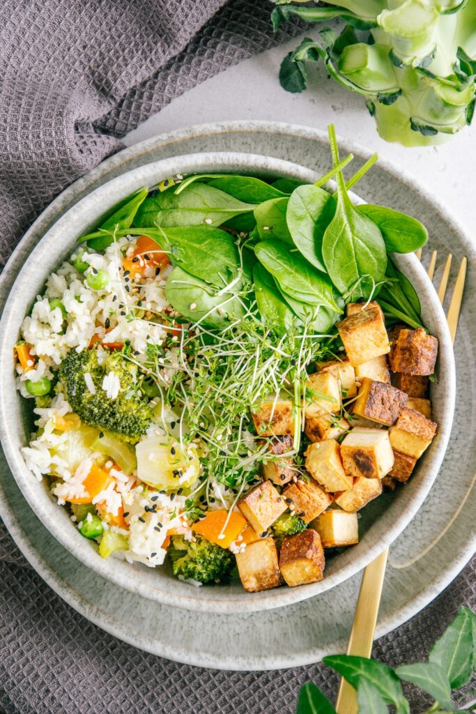 Gemüsereis mit gebratenem Tofu, frischem Jungspinat und Kresse in einer Bowl aus der Vogelperspektive fotografiert.