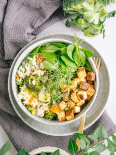 Gemüsereis mit gebratenem Tofu in einer graublauen Schüssel auf dazu passendem Teller mit einer goldenen Gabel darauf. Graues Küchentuch als Untergrund.