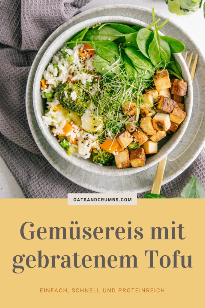 Pinterest-Grafik zum Rezept für Gemüsereis mit gebratenem Tofu