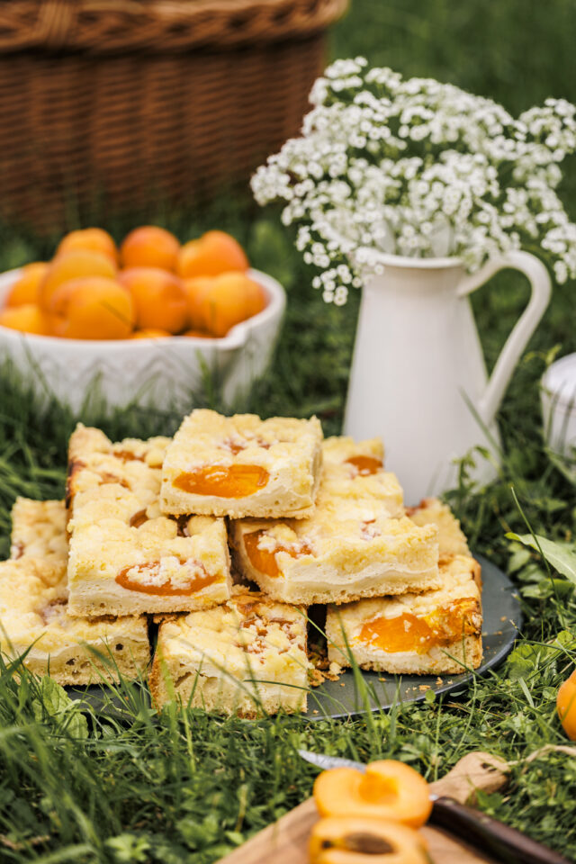 Aprikosenkuchen vom Blech – mit Quark und Streuseln | Oats and Crumbs