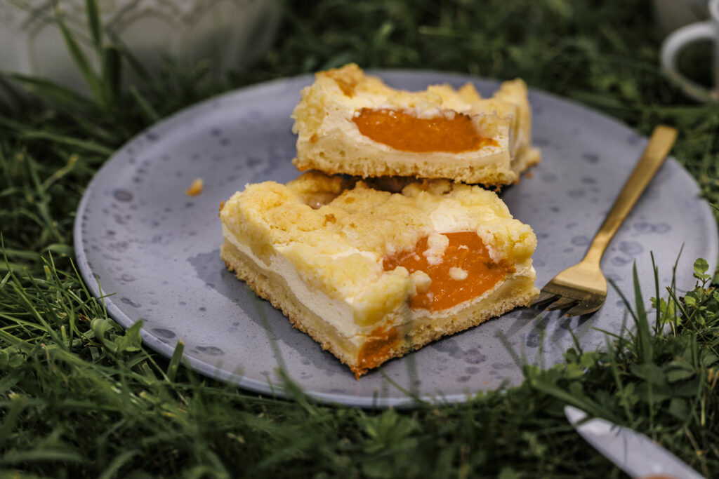 Sommerlicher Blechkuchen mit Aprikosen, Quarkcreme und Streuseln.