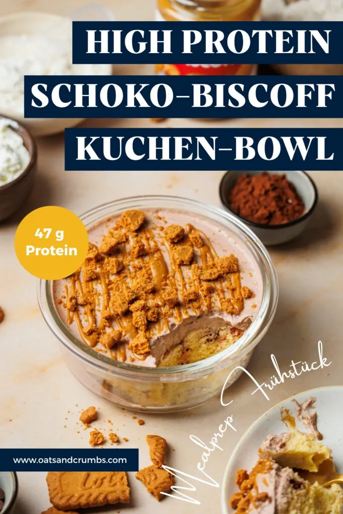 Pinterest-Grafik zum Rezept für Schoko-Biscoff Protein-Kuchen-Bowl.